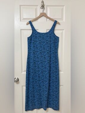 Vintage Faded Glory Blue Floral Sleeveless Rayon Midi Tank Dress Large 90s Retro